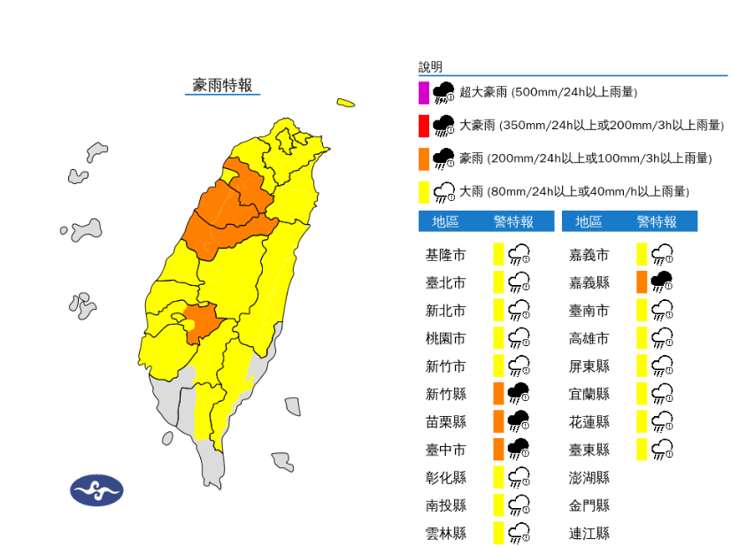 全台19縣市豪大雨特報。 圖：取自氣象署