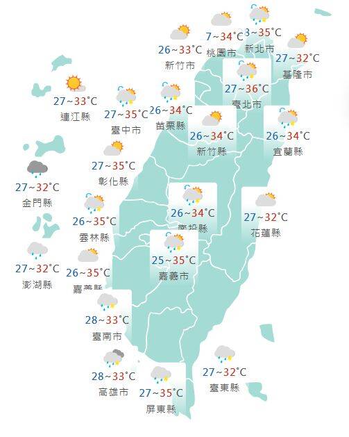 氣象署公布各地天氣預報概況。 圖：氣象署提供