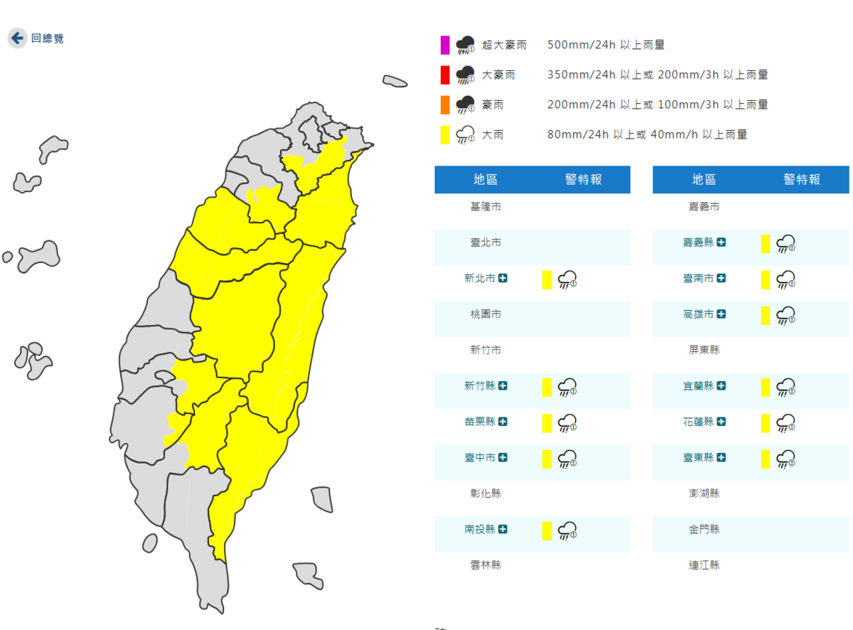氣象署對全台11個縣市發布大雨特報。 圖：取自氣象署