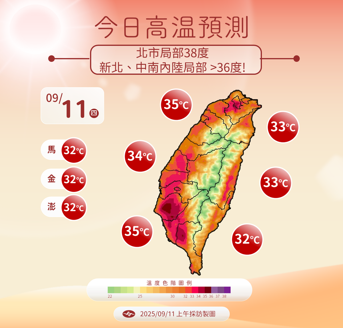 全台高溫持續升高，北市部分地區可達38度，新北及中南部內陸也可能突破36度。 圖：氣象署／提供
