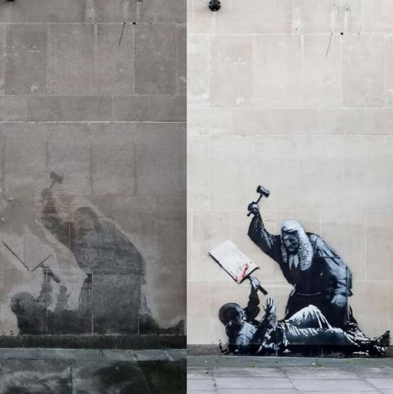 英國知名街頭藝術家班克斯（Banksy）於倫敦皇家法院外牆上的作品已遭清除。 圖：翻攝自Ｘ／ Grummz