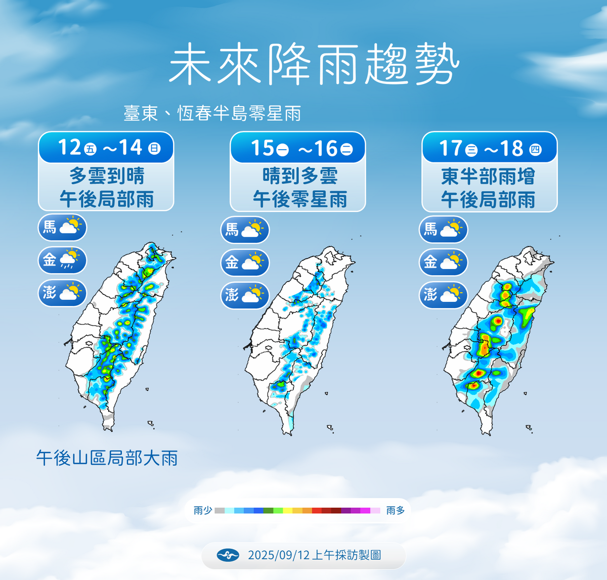 氣象署表示，今起至14日多雲到晴，午後中南部及山區有局部雷陣雨，山區偶有大雨；15至16日天氣穩定，西半部晴到多雲，午後零星雨；17至18日東半部水氣增，午後短時強降雨明顯。 圖：氣象署／提供