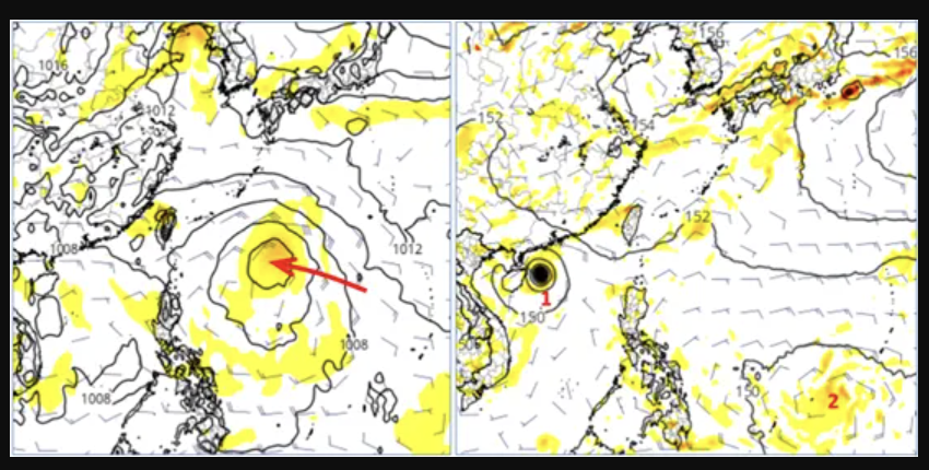 根據最新歐洲(ECMWF)模式模擬顯示，「熱帶擾動」向台灣方向逼近，發展亦較明顯(左圖)；最新美國模式的模擬則與歐洲模式完全不同(右圖)。 圖/自氣象應用推廣基金會