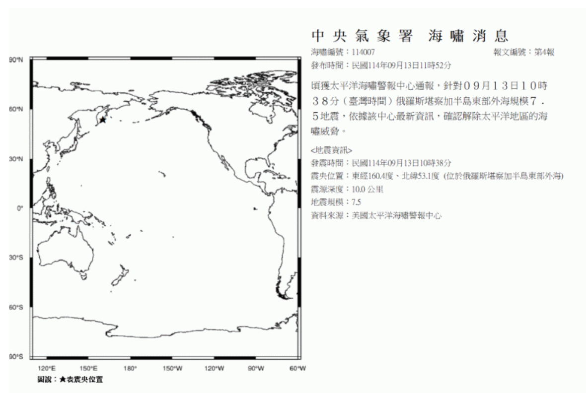 今(13)日上午俄羅斯堪察加半島東部外海發生規模7.5地震，氣象署上午也連續發布4起海嘯消息。 圖：取自氣象署