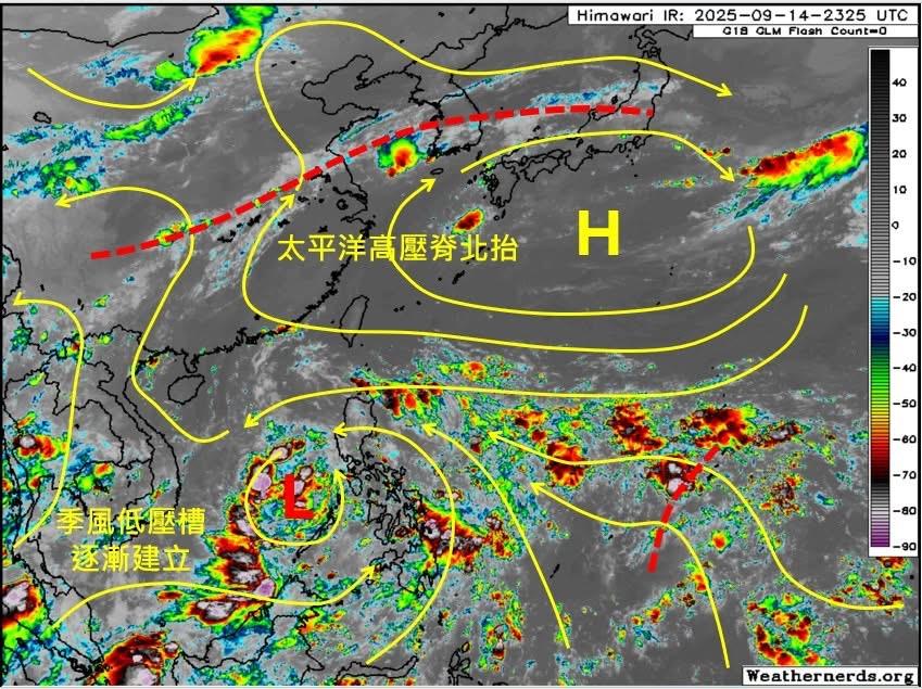 吳聖宇解析，隨著太平洋高壓脊往北抬，新一輪的季風低壓槽建立，台灣開始進入高低壓之間的環境內，偏東風來到台灣附近。 圖：吳聖宇臉書