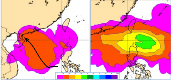 最新(14日20時)歐洲(ECMWF)系集模式，19日20時模擬圖顯示，「熱帶擾動」發展成「輕颱」的機率，最高僅20%，大致朝海南島方向前進(左圖)。24日20時模擬圖則顯示，另一「熱帶擾動」即將進入巴士海峽，發展成「輕颱」的機率高達50% (右圖)。 圖：取自財團法人氣象應用推廣基金會