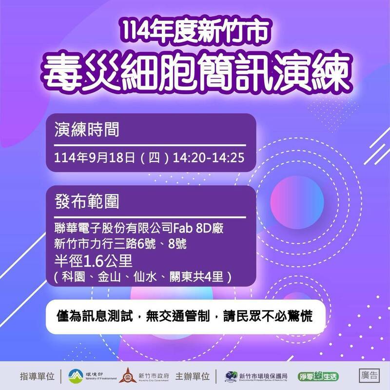 新竹市政府將於9月18日在聯華電子公司Fab 8D廠舉辦「114年度新竹市毒災聯合防救演練」。 圖：新竹市政府／提供