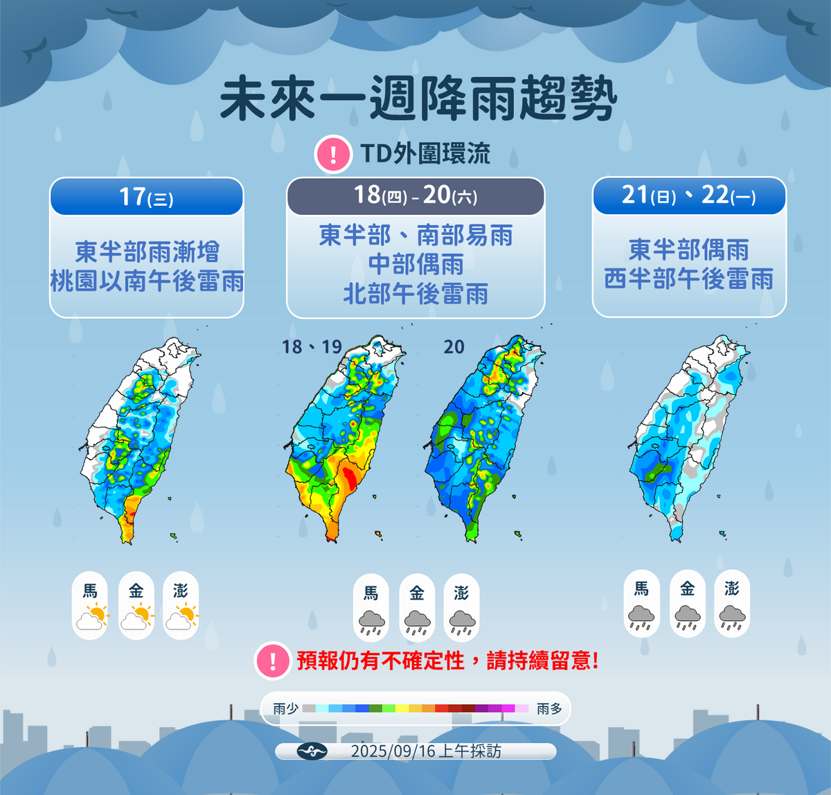 後天至20日台灣都會受到TD20外圍環流影響，東半部和南台灣都要特別注意會下大雨。 圖：氣象署/提供