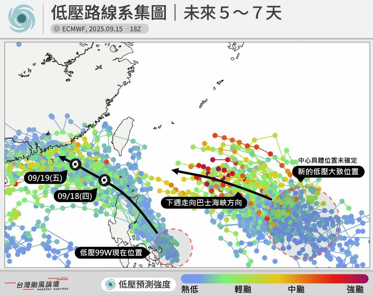 輕颱「米塔」即將生成，未來將朝西北移動，19日從台灣西南外海通過；外東邊遠方預計會西行颱，東邊遠方熱帶擾動，現在還很散，中心位置不穩定，所以要具體報出它的路線還做不到，但估強度不會太弱。 圖：取自台灣颱風論壇