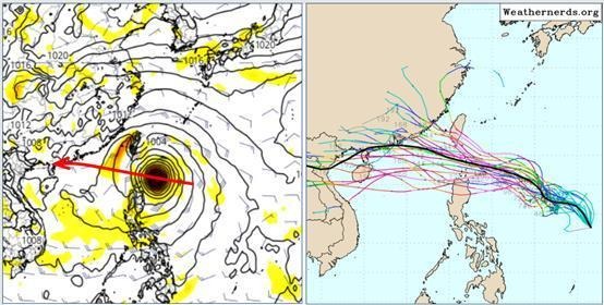 吳德榮指出，歐洲模式下周一20時模擬圖（左圖）顯示，樺加沙颱風即將進入巴士海峽，繼續偏西進行。歐洲模式系集模擬圖（右圖）則顯示，系集平均路徑，通過巴士海峽，偏西進行，個別模擬路徑則分散在兩側，顯示其不確定性。 圖：翻攝「洩天機教室」專欄