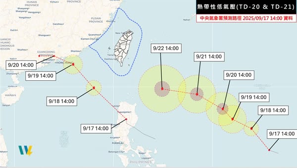 氣象署預估熱帶性低氣壓TD20、21今（18）天將增強為「米塔」和「樺加沙」颱風。 圖：翻攝「天氣風險公司」臉書