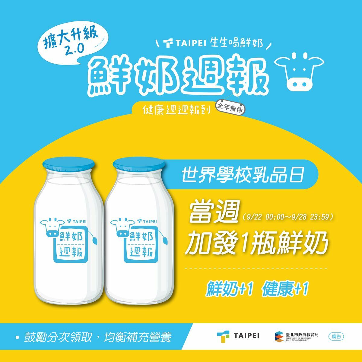 「世界學校乳品日」當週「鮮奶週報—生生喝鮮奶」將推出加碼活動。 圖：台北市教育局／提供