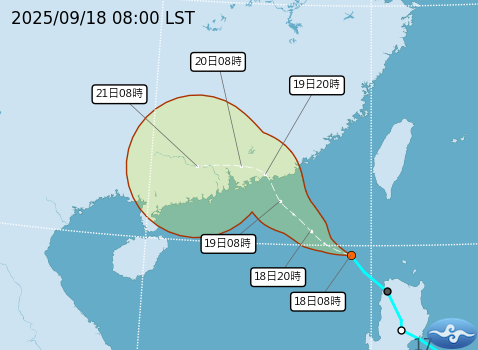 氣象署指出，原位於東沙島海面附近的熱帶性低氣壓(TD20)，於今(18)日14時發展為今年第17號輕度颱風米塔。 圖：取自氣象署