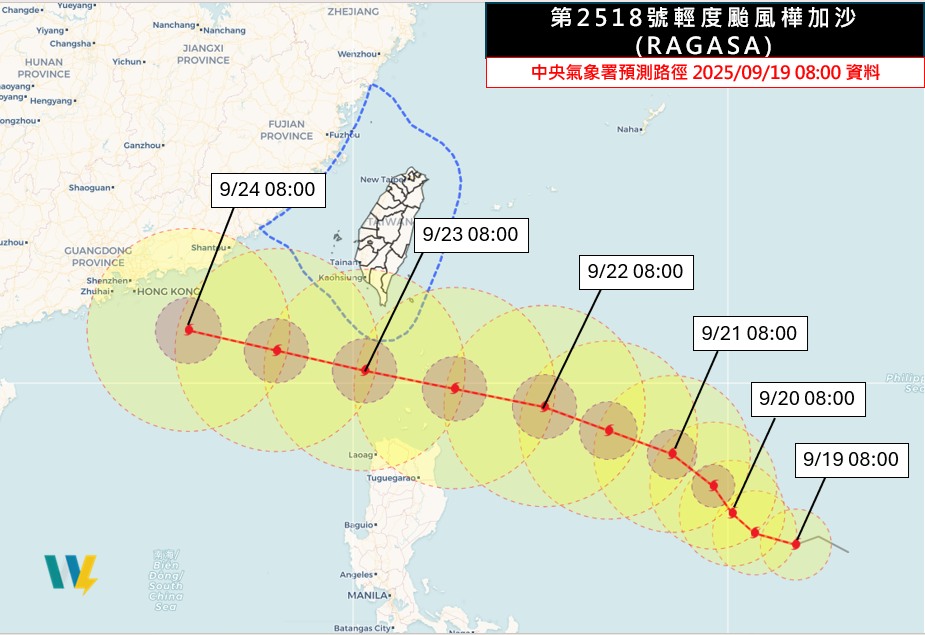 樺加沙颱風強度會持續增強，21、22日預估路徑轉向西北西甚至偏西方向移動，經過巴士海峽時有機會來到中颱上限，甚至可能跨到強颱門檻，半徑也很大。 圖：取自天氣職人吳聖宇
