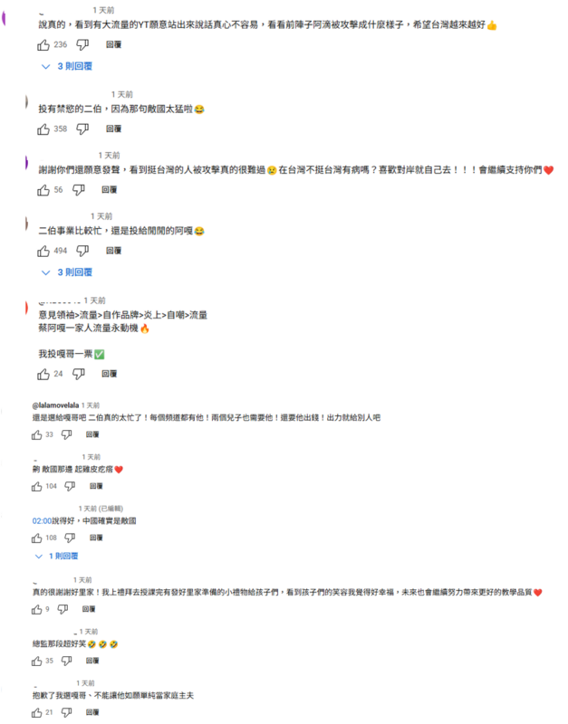 霸氣表態的場面也掀起網友留言讚賞，可以說化危機為轉機，掀起網路討論。 圖：取自蔡阿嘎YT頻道