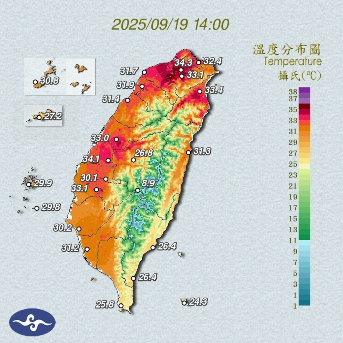 颱風外圍偏東風加地形效應，西部地區熱烘烘，尤其大台北特別酷熱。 圖：取自氣象署