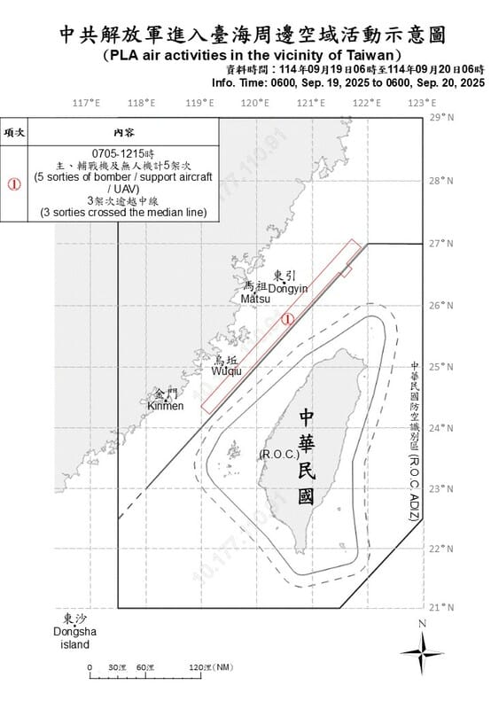 國防部今日公布中共解放軍進入台海周邊空域活動示意圖。 圖：國防部提供