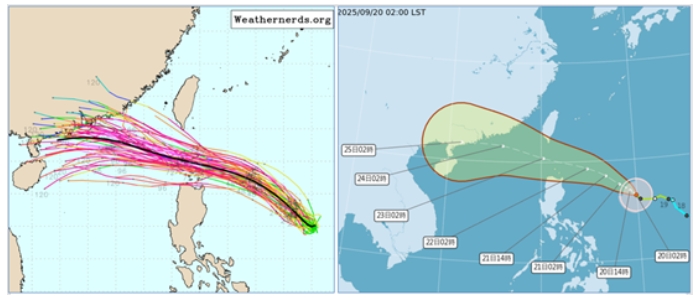 最新(19日20時)歐洲(ECMWF)系集模式模擬「樺加沙」的動向(左圖)、與最新(20日2時)氣象署「路徑潛勢預測圖」類似(右圖)，系集模擬平均路徑，通過巴士海峽，個別模擬路徑則分散在兩側，顯示其動向的「不確定性」。(左圖擷自weathernerd) 圖/氣象應用推廣基金會「洩天機教室」專欄