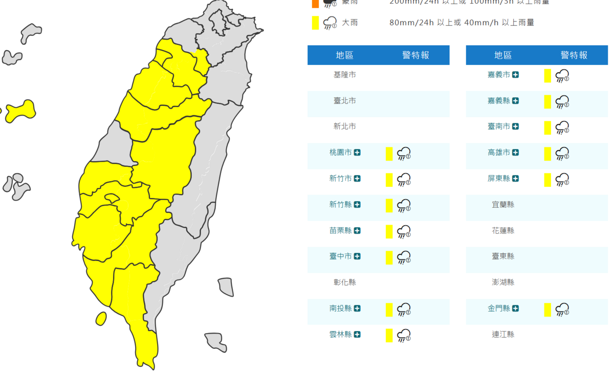 氣象署對全台13縣市發布大雨特報。 圖：取自氣象署