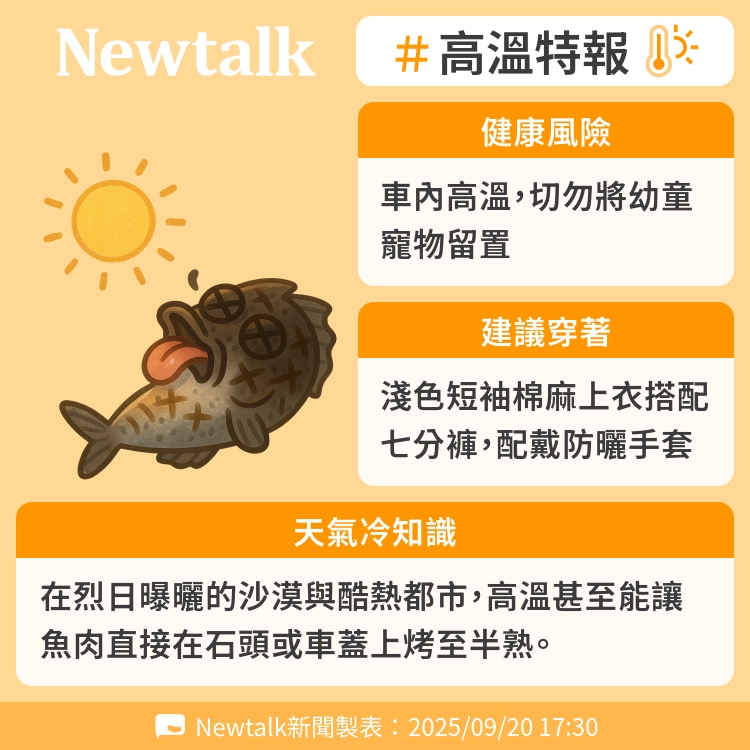 在烈日曝曬的沙漠與酷熱都市，高溫甚至能讓魚肉直接在石頭或車蓋上烤至半熟。 圖：Newtalk製表