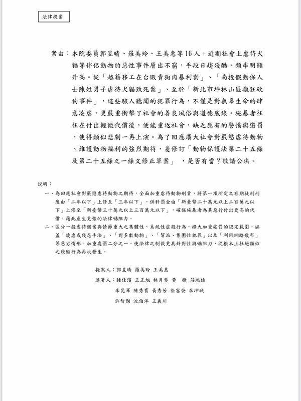 民進黨立委郭昱晴提出動保法修正，虐待動物最高判3年、罰金加至300萬。 圖：翻攝自郭昱晴Threads