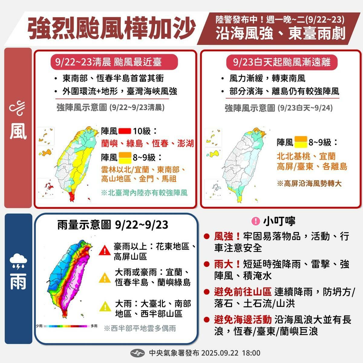 氣象署警告樺加沙今夜至明晨最劇，東部及恆春恐現10級強風，花東高屏山區豪雨，沿海慎防巨浪。 圖：氣象署／提供
