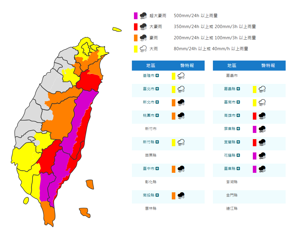氣象署發布14縣市豪雨特報，花東嚴防「超大豪雨」。 圖：中央氣象署／提供