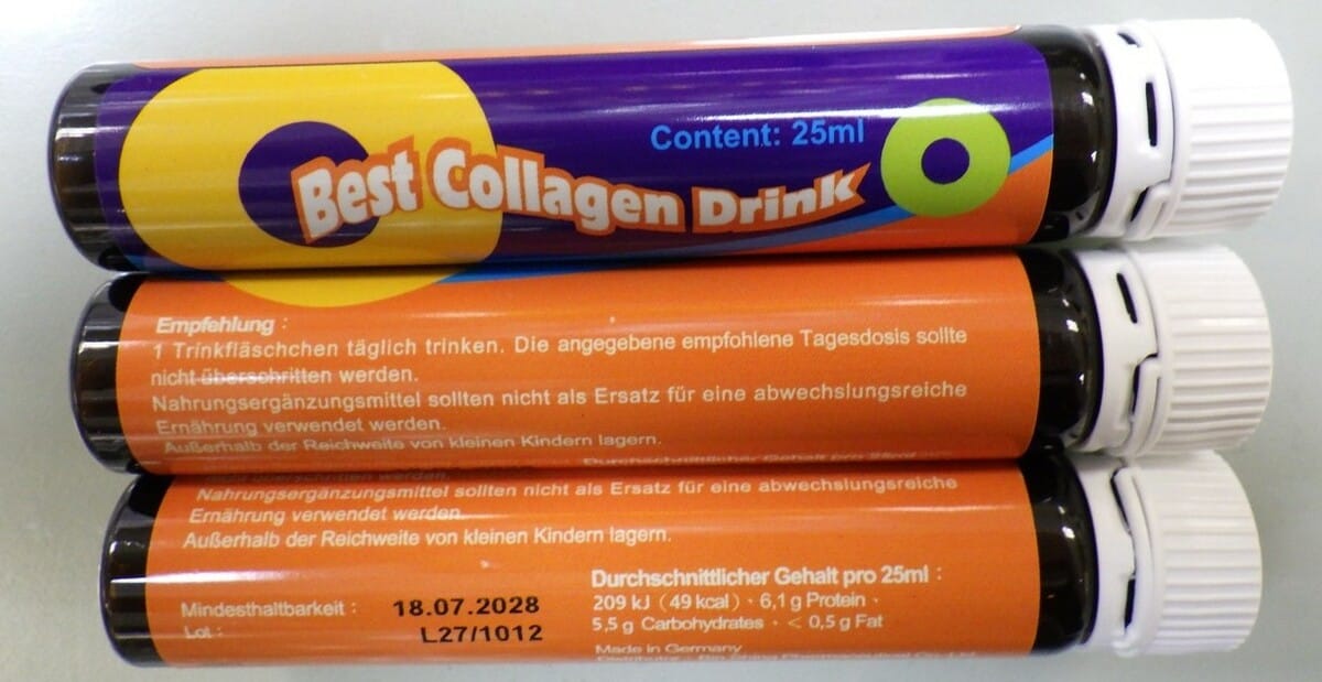 德國「膠原蛋白飲」防腐劑含量超標。 圖：衛福部食藥署／提供