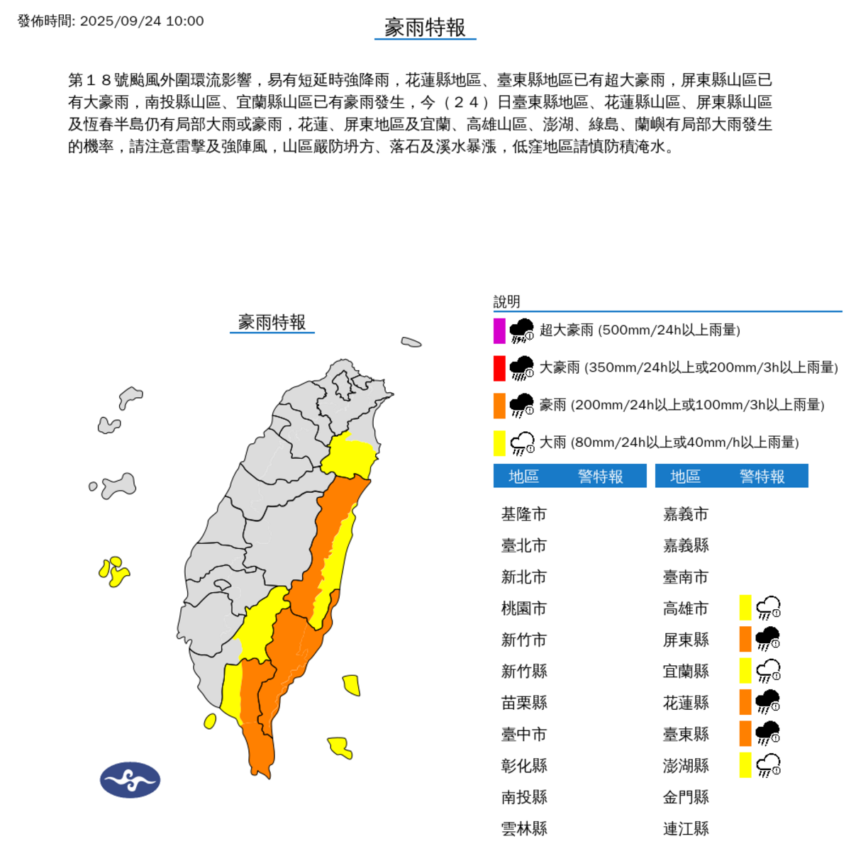 中央氣象署今日發布豪雨特報。 圖：中央氣象署／提供