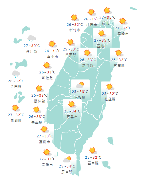 氣象署公布各地天氣預報概況。 圖：氣象署提供