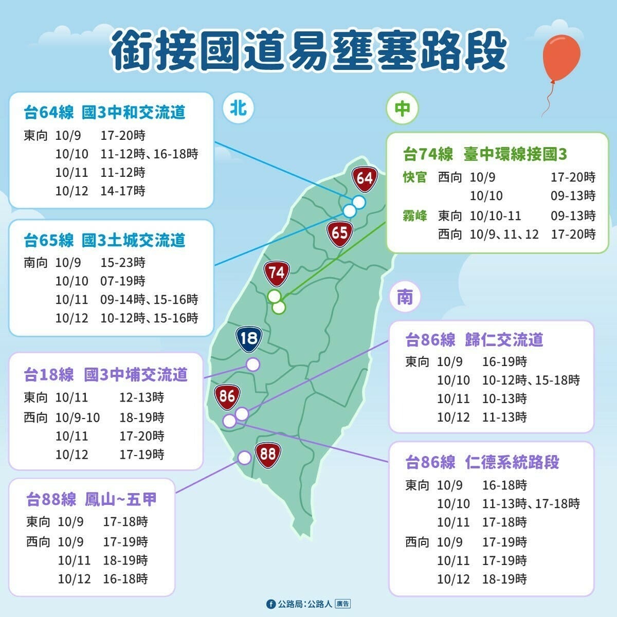 國慶連假期間易壅塞路段。 圖：公路局／提供