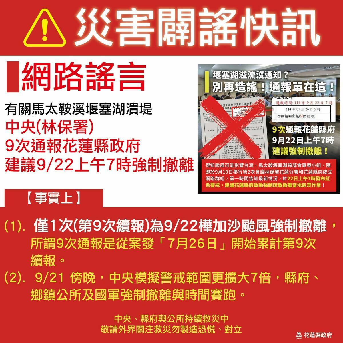 花蓮馬太鞍堰塞湖溢流前，中央早在事發前期已至少9度通報花蓮縣政府，但花蓮縣政府直到溢流後才緊急改為災害應變中心一級開設，被認為是釀禍元凶，花蓮縣政府事後在臉書上解釋原委。 圖：取自花蓮縣政府臉書