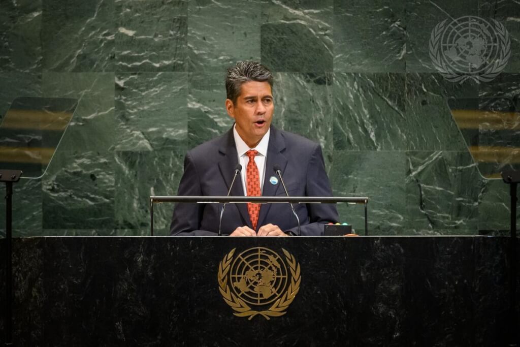 帛琉總統惠恕仁在聯合國大會上發言。 圖：取自x.com/Journal_UN_ONU