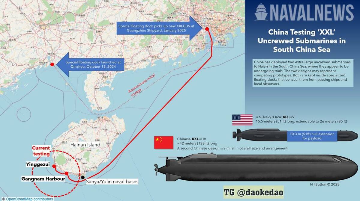 中國海軍近期在南海海南島周邊海域測試兩艘尚未公開的無人潛艦（XLUUV）。 圖：翻攝自 Naval News
