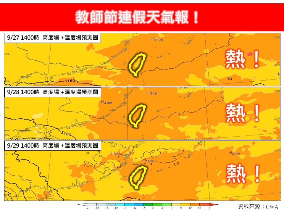氣象粉專「林老師氣象站」指出，受偏南風影響，環境水氣轉少，連假3天各地大多為多雲到晴天氣，用一個字註解就是「熱」。 圖：取自林老師氣象站