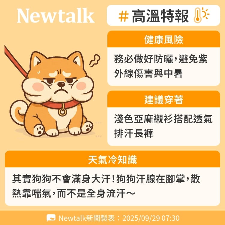 其實狗狗不會滿身大汗！狗狗汗腺在腳掌，散熱靠喘氣，而不是全身流汗～ 圖：Newtalk製表