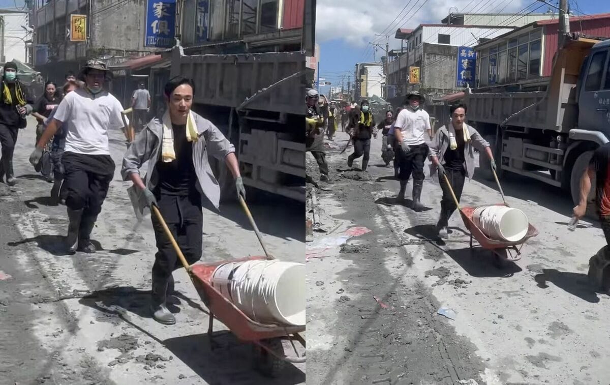 花蓮28日突傳潰堤警報，現場人員緊急撤離，八炯身影意外被捕捉。 圖：翻攝自Threads