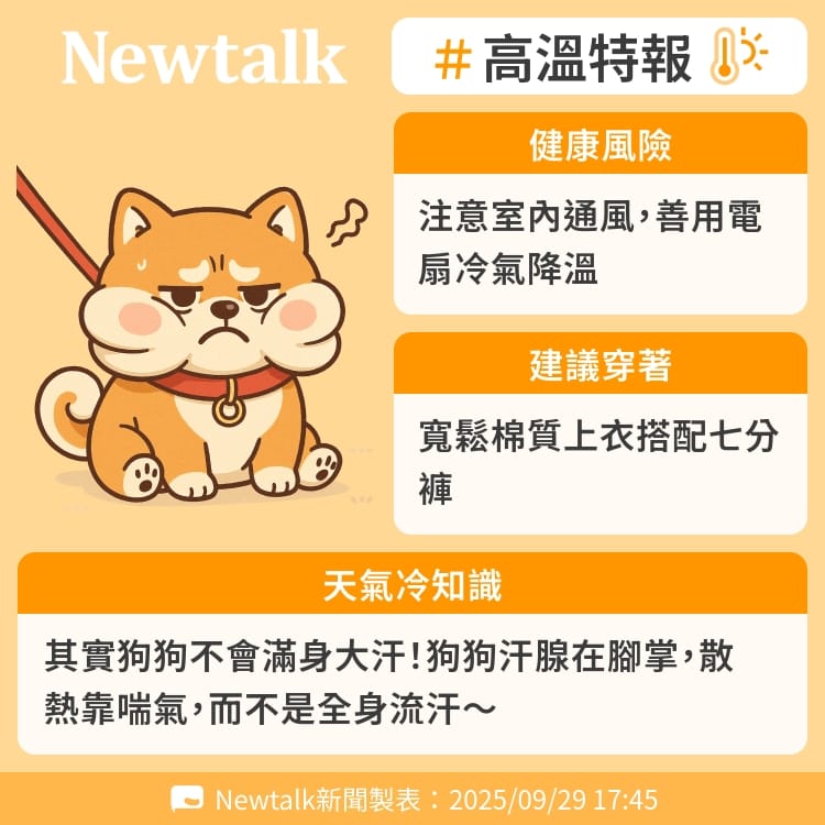 其實狗狗不會滿身大汗！狗狗汗腺在腳掌，散熱靠喘氣，而不是全身流汗～ 圖：Newtalk製表
