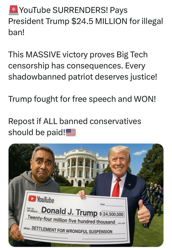 川普在自己的社群媒體《Truth Social》上得意地聲稱「YouTube投降了」。 圖：翻攝自 Truth Social《Donald J. Trump》