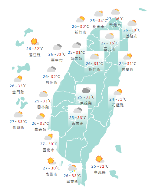 氣象署公布各地天氣預報概況。 圖：氣象署提供