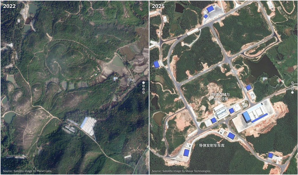 衛星資料顯示，中國火箭軍611旅基地面積擴至原來的兩倍，配備近40個發射台。 圖：翻攝「X」@JohnDeHen