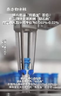 佛山市順德區中心血站表示，近日該血站檢驗科篩查出一例稀有血型 Jk(a-b-)——稀有度超「熊貓血」百倍的「鑽石血」。 圖 : 翻攝自南方都市報