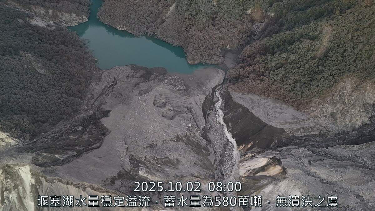 花蓮縣萬榮鄉馬太鞍溪堰塞湖2日最新監測顯示，水位降至1020公尺，蓄水量僅剩約580萬噸，相當於潰決前水量的6.4%。 圖：農業部林業及自然保育署提供/翻攝林憶君臉書粉專