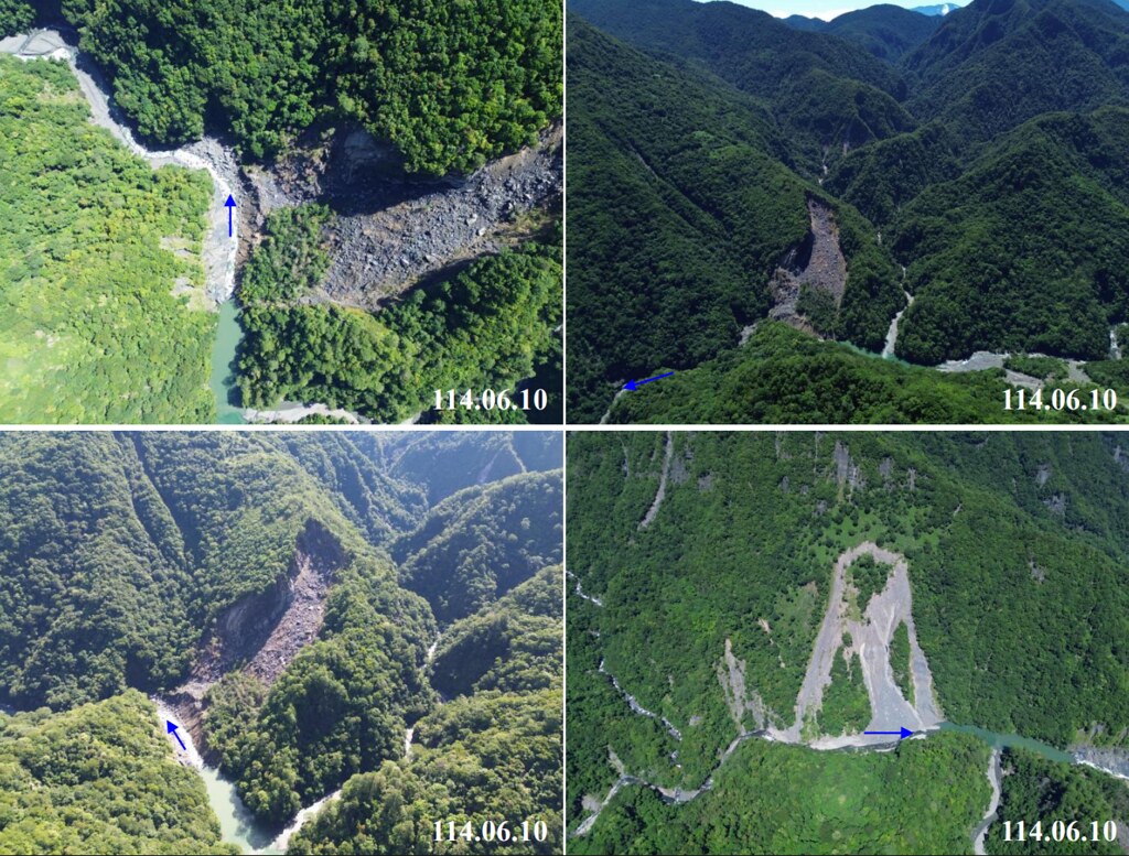 新竹泰崗溪堰塞湖已呈現穩定溢流狀態；上游又有砂石匯入，可能使湖體逐漸縮小（藍色箭頭為水流方向）。 圖：林保署新竹分署/提供
