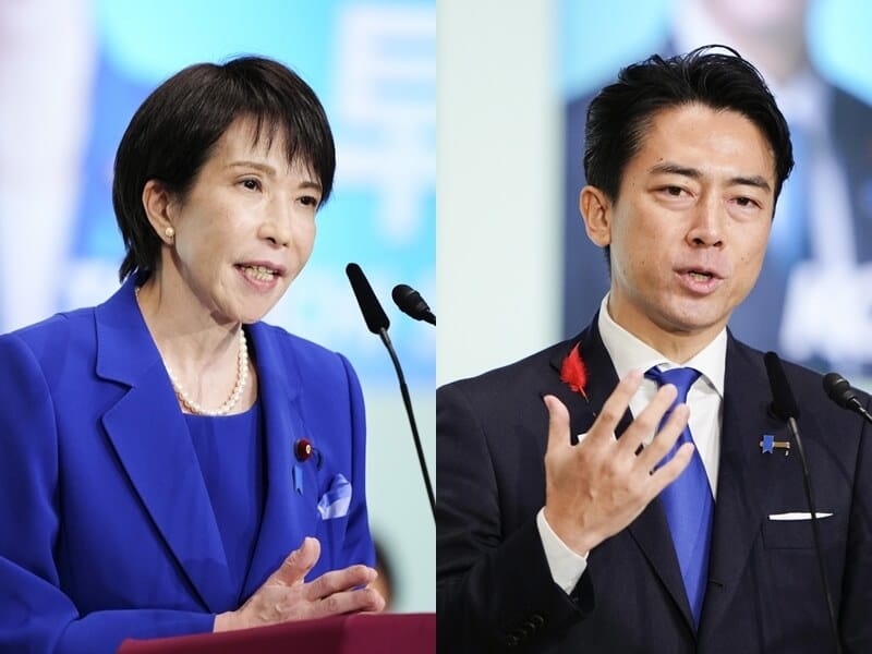 日本自民黨總裁選舉4日登場，高市早苗（左）和小泉進次郎（右）將進入第二輪投票對決。（共同社）