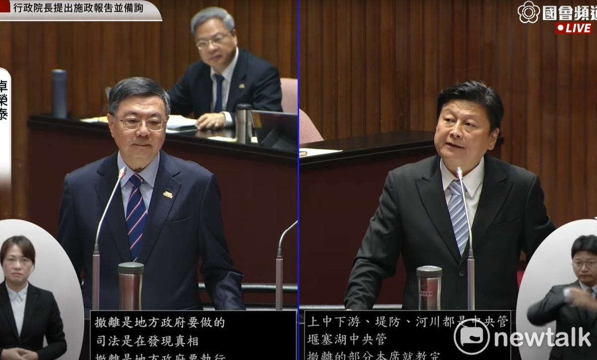 國民黨立委傅崐萁質詢行政院長卓榮泰，雙方激辯花蓮光復鄉與周邊區域的疏散責任歸所。 圖：擷取自國會頻道