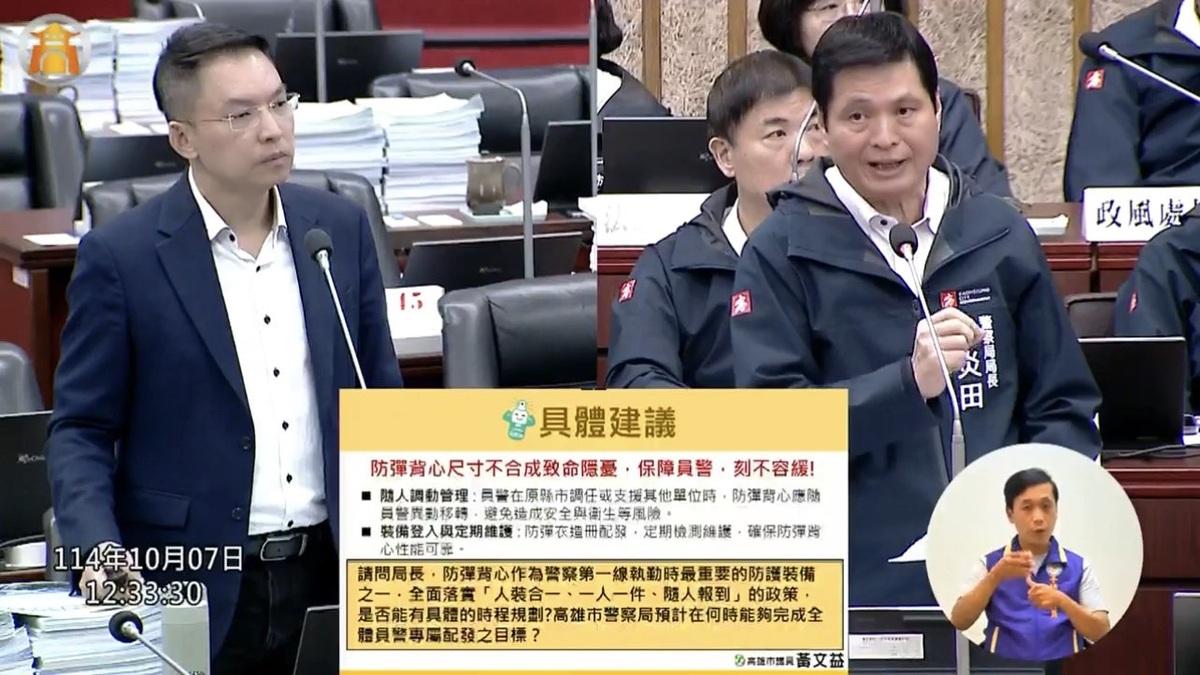 林炎田(右)答覆目前高雄市基地台數在六都中排名第二，但仍有局部盲區，警察局已規劃多項補強措施。 圖：黃文益服務處/提供