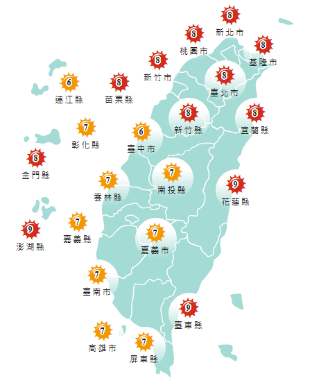氣象署發布各地紫外線指數預報概況。 圖：氣象署提供
