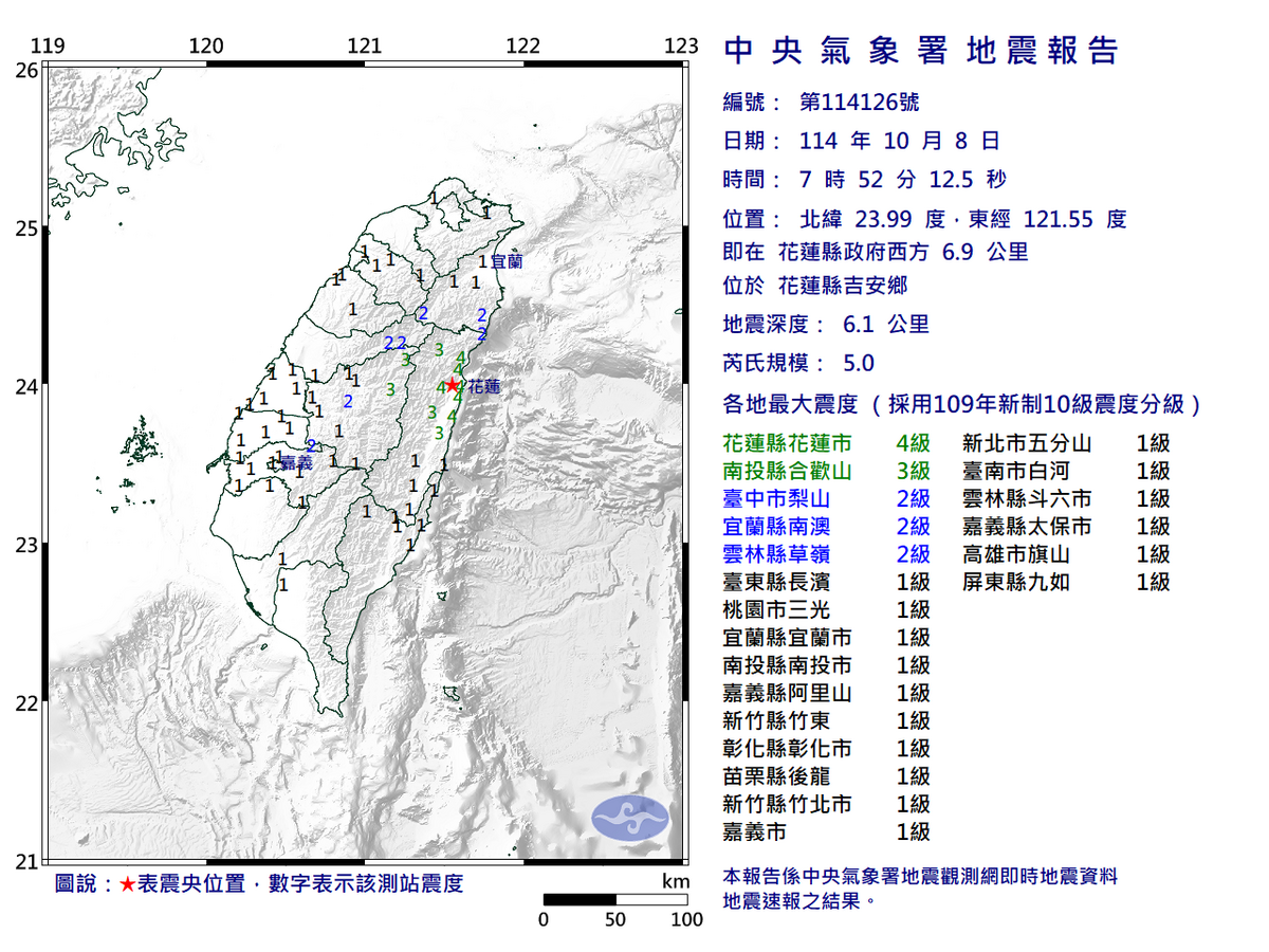 上午7時52分發生在花蓮吉安鄉，規模5.0的地震，深度淺僅6.1公里。 圖：取自氣象署