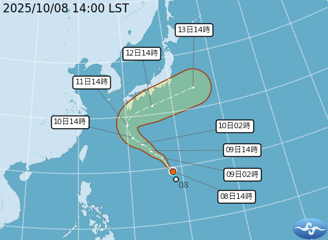 原位於關島西北方海面的熱帶性低氣壓TD26，於今(8)日14時發展今年第23號颱風娜克莉。 圖：取自氣象署